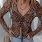 Leopard Sheer Mesh Long Sleeve V Neck Lace-up Blouse
