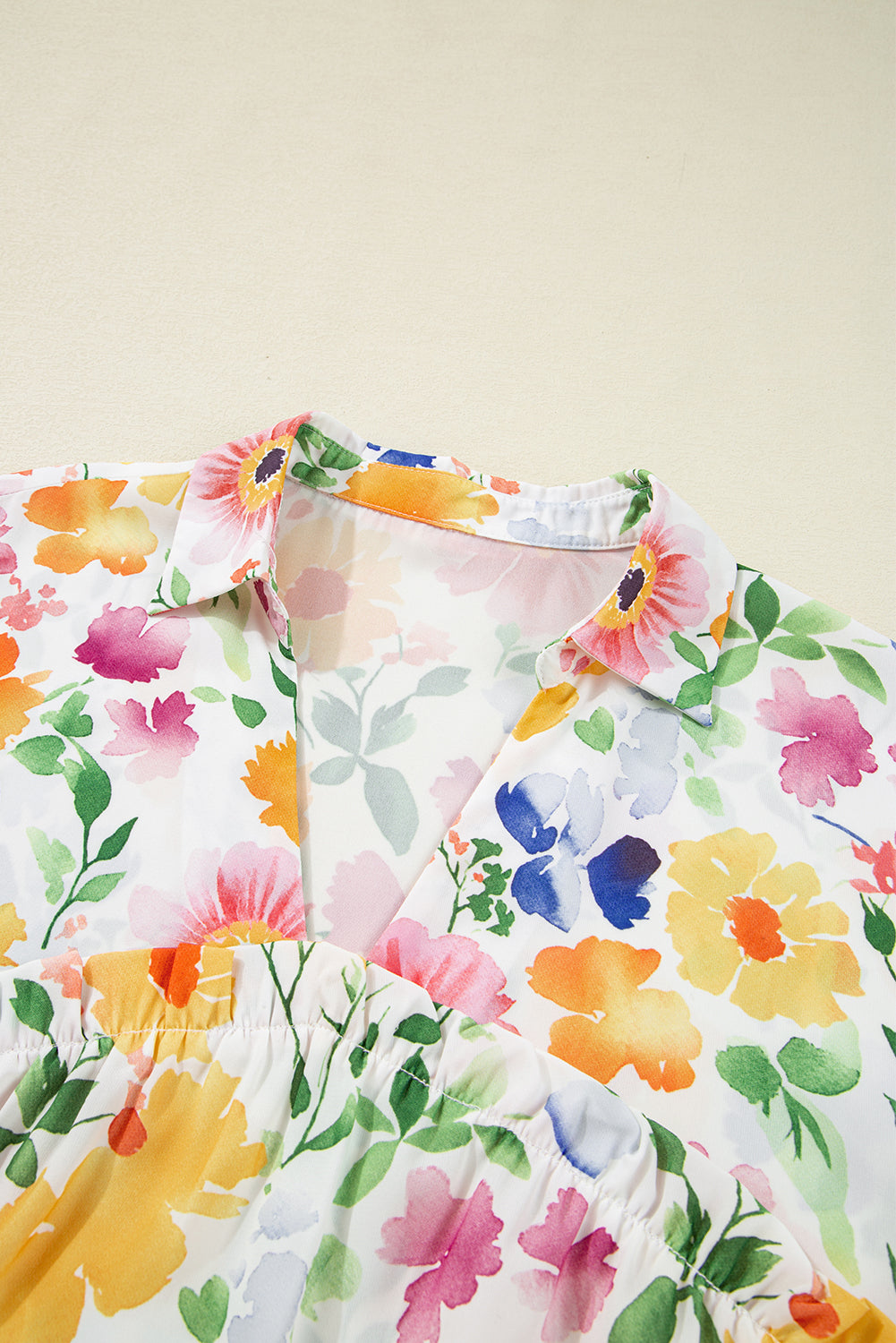 Floral Boxy Fit Ruffled Short Sleeve V Neck Blouse