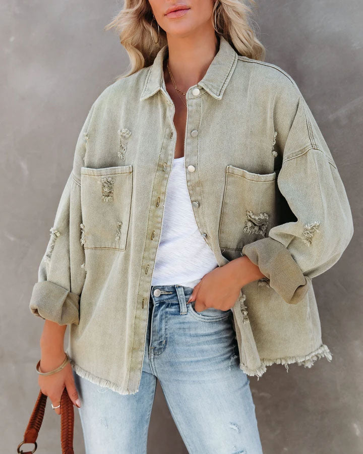 Solid Color Ripped Denim Jacket