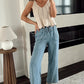 Wash Drawstring Waist Straight Denim Pants