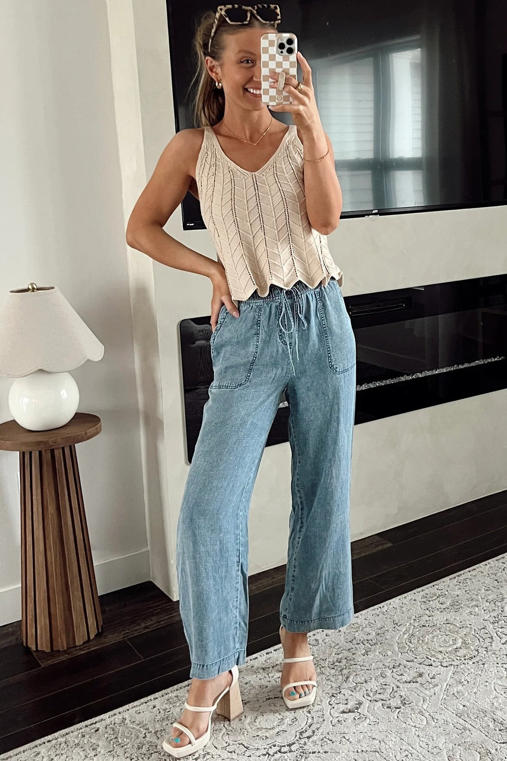 Wash Drawstring Waist Straight Denim Pants