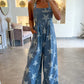 Star Buttoned Strap Pleat Wide Leg Denim Overall