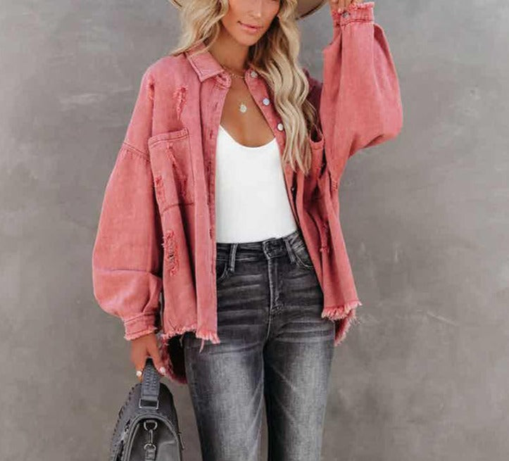 Solid Color Ripped Denim Jacket