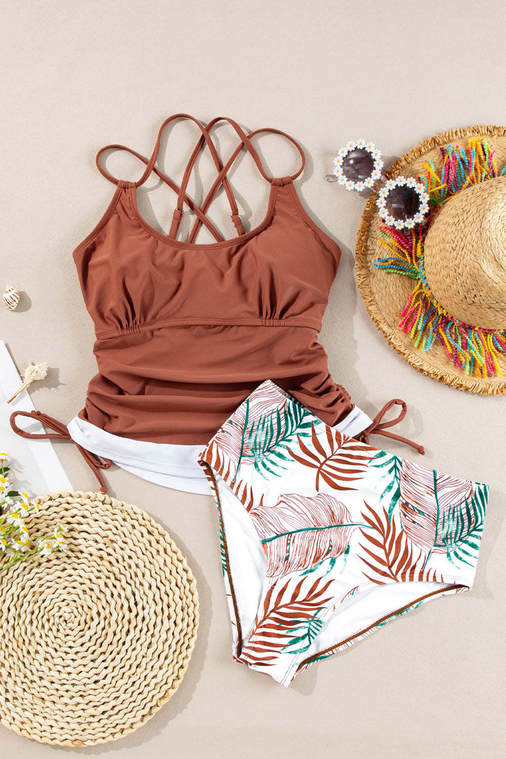 Drawstring Tummy Control Mix-and-match 2pcs Tankini Swimsuit