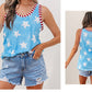 Sky Blue Tie Dye Star Print Striped Trim Round Neck Casual Tank Top