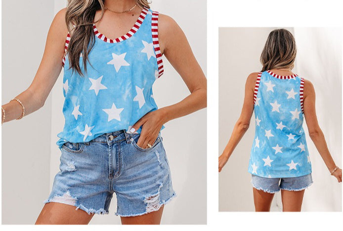 Sky Blue Tie Dye Star Print Striped Trim Round Neck Casual Tank Top