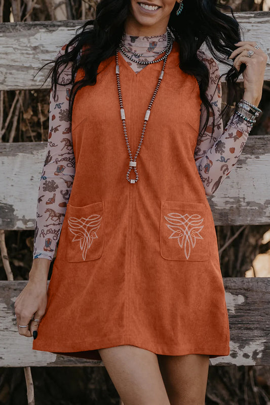 Corduroy Western Embroidered Patched Pocket Shift Sleeveless Mini Dress