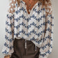 Lace Patchwork Floral Bubble Sleeve V Split Neck Blouse