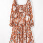 Floral Print Shirred Square Neck High Waist Maxi Dress