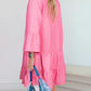 Stripe Flare Sleeve Half Placket Tiered Flowy Mini Dress