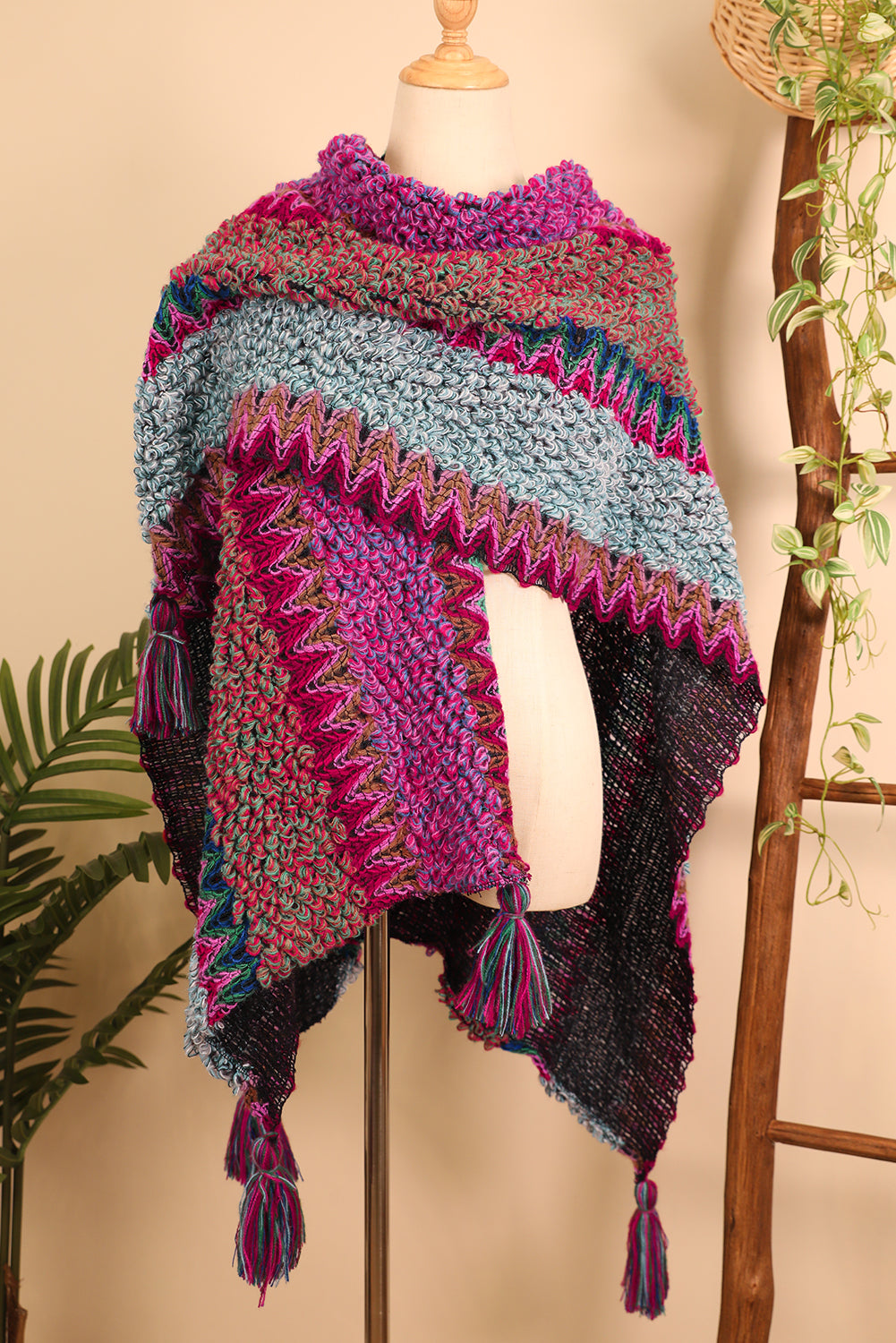 Ethnic Knit Shawl Wrap Cape Sweater Thickened Tassel Poncho Cloak