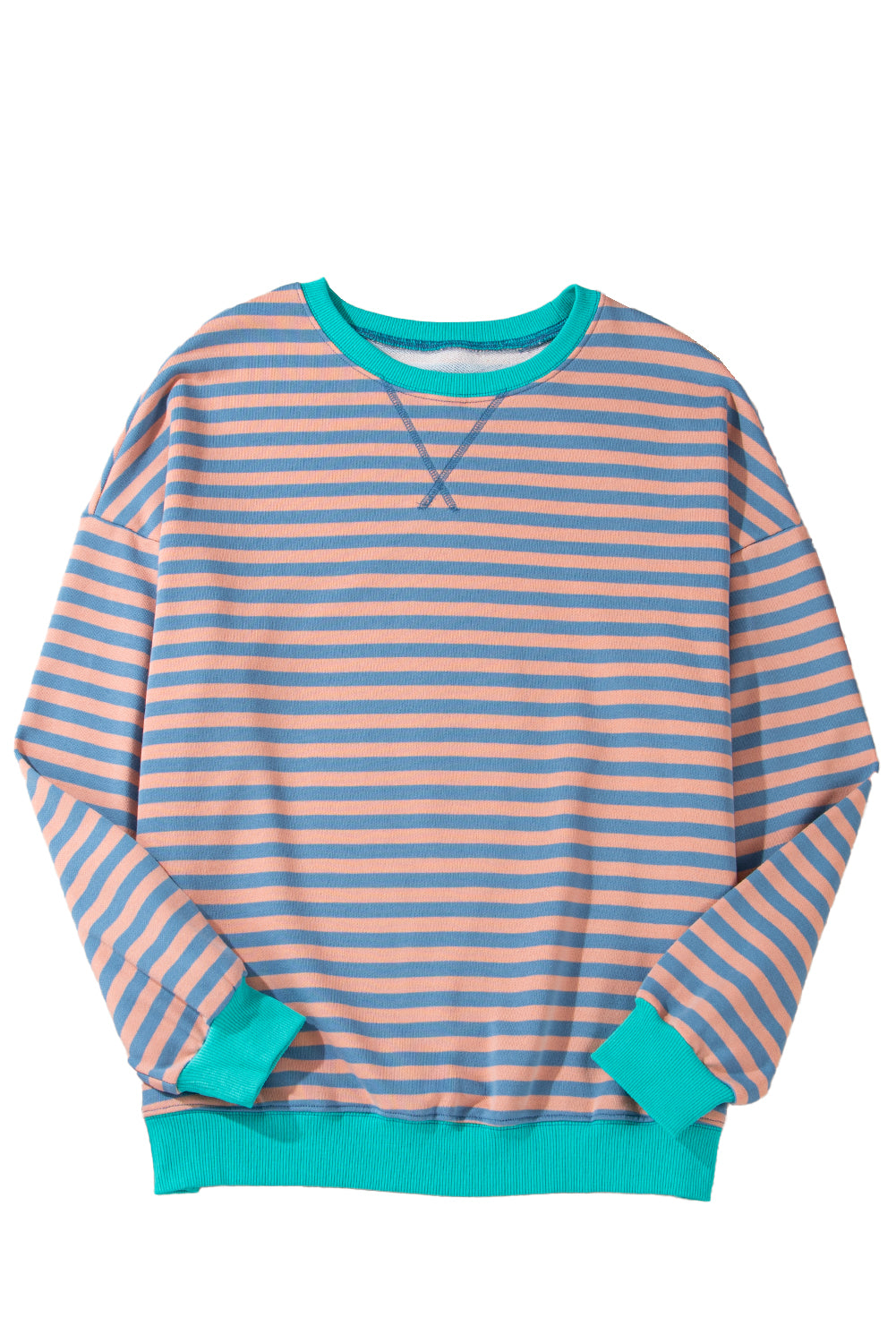 Striped Contrast Ribbed Trim Crossed Stitch Drop Shoulder Sweatshirt
