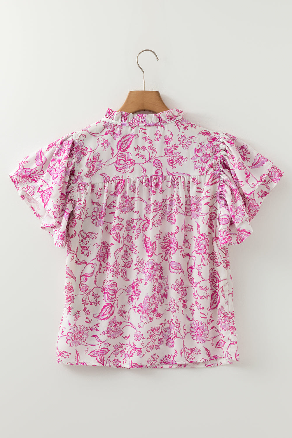 Baroque Floral Ruffle Sleeve V Neck Blouse Top