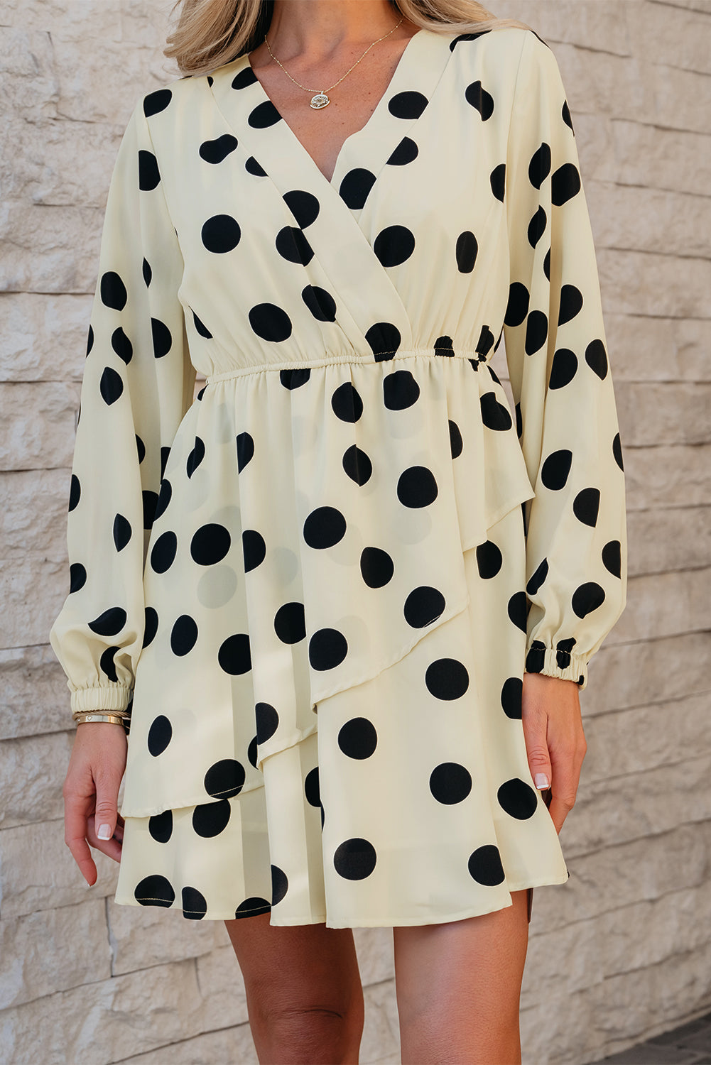 Polka Dot Printed Surplice V Neck Puff Sleeve Mini Dress