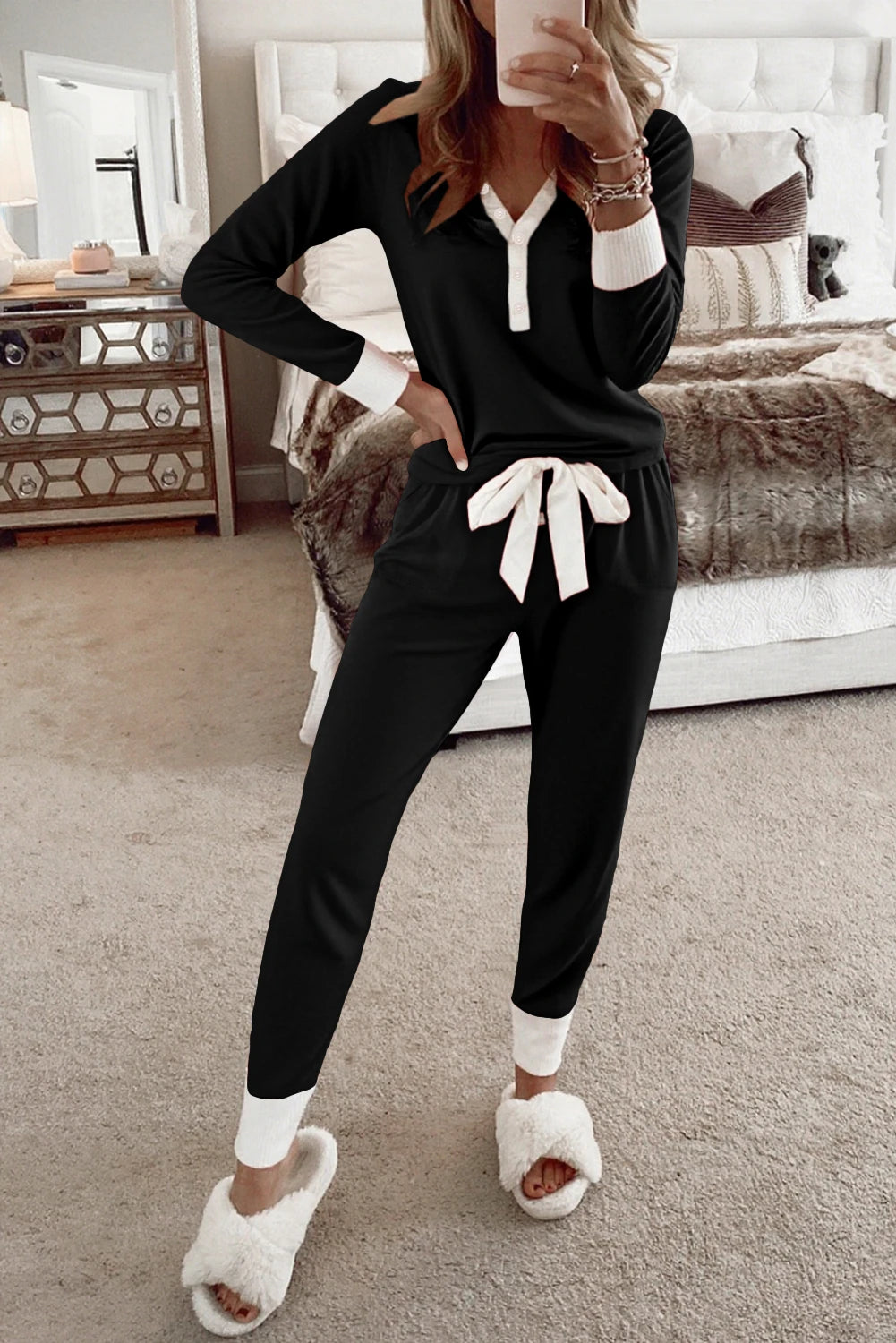 Ribbon Bow Knot Waist 2pcs Lounge Pant Set