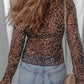 Leopard Sheer Mesh Long Sleeve V Neck Lace-up Blouse