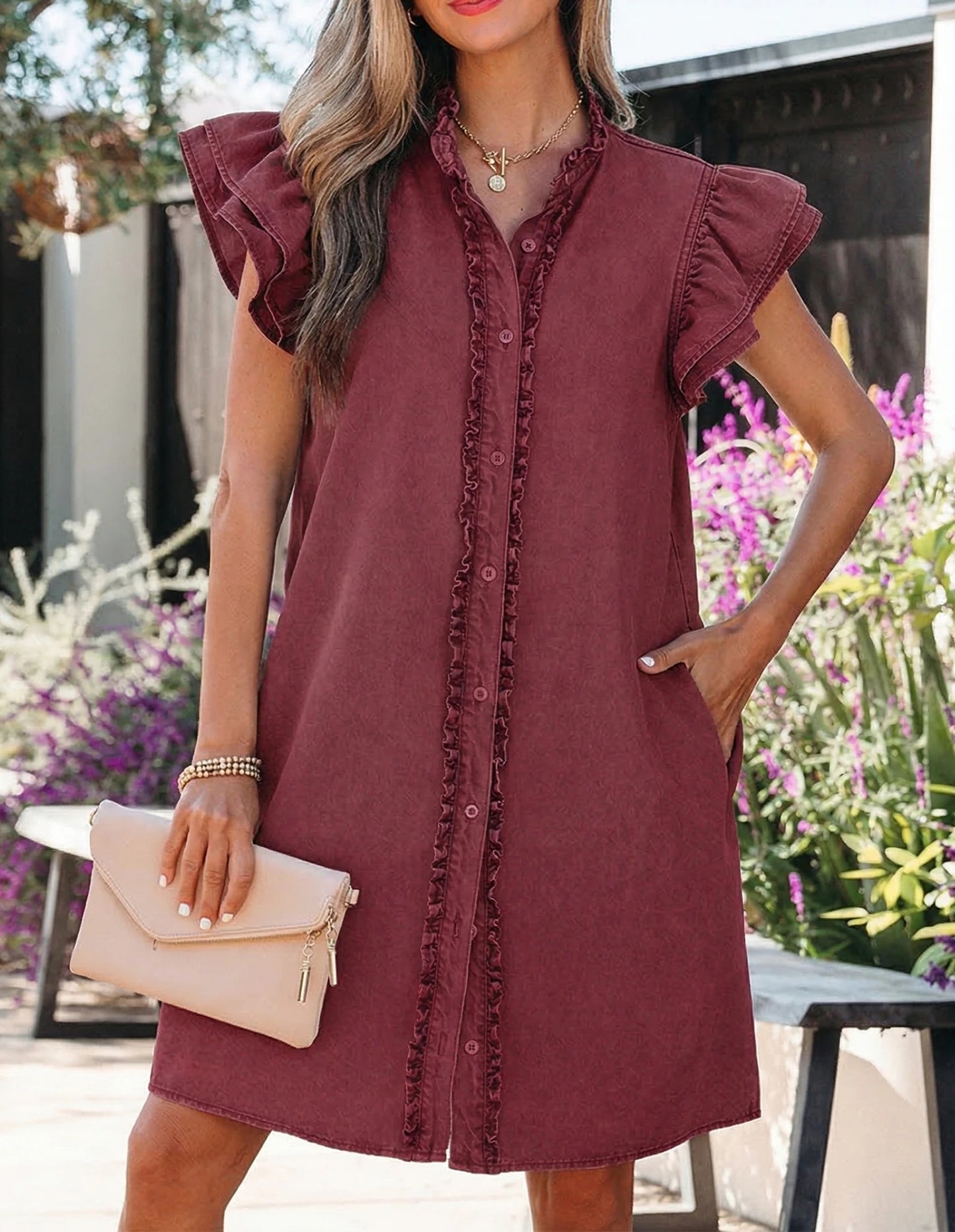 Sandalwood Frilled Detail Button Down Ruffle Short Sleeve Denim Mini Dress