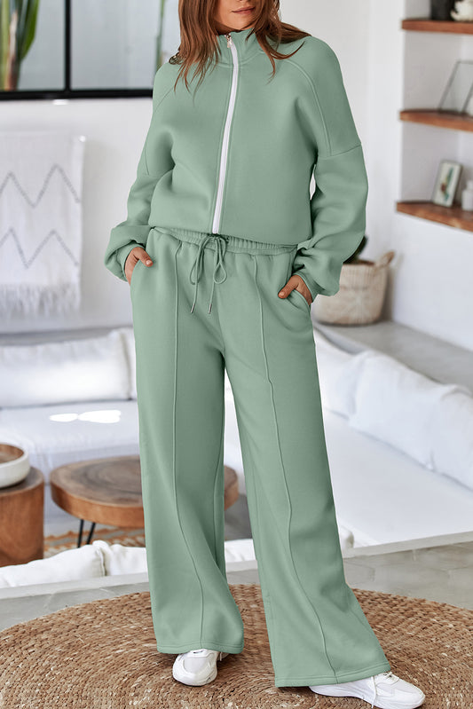 Drop Shoulder Zip Up Jacket Drawstring Pants Active 2pcs Set