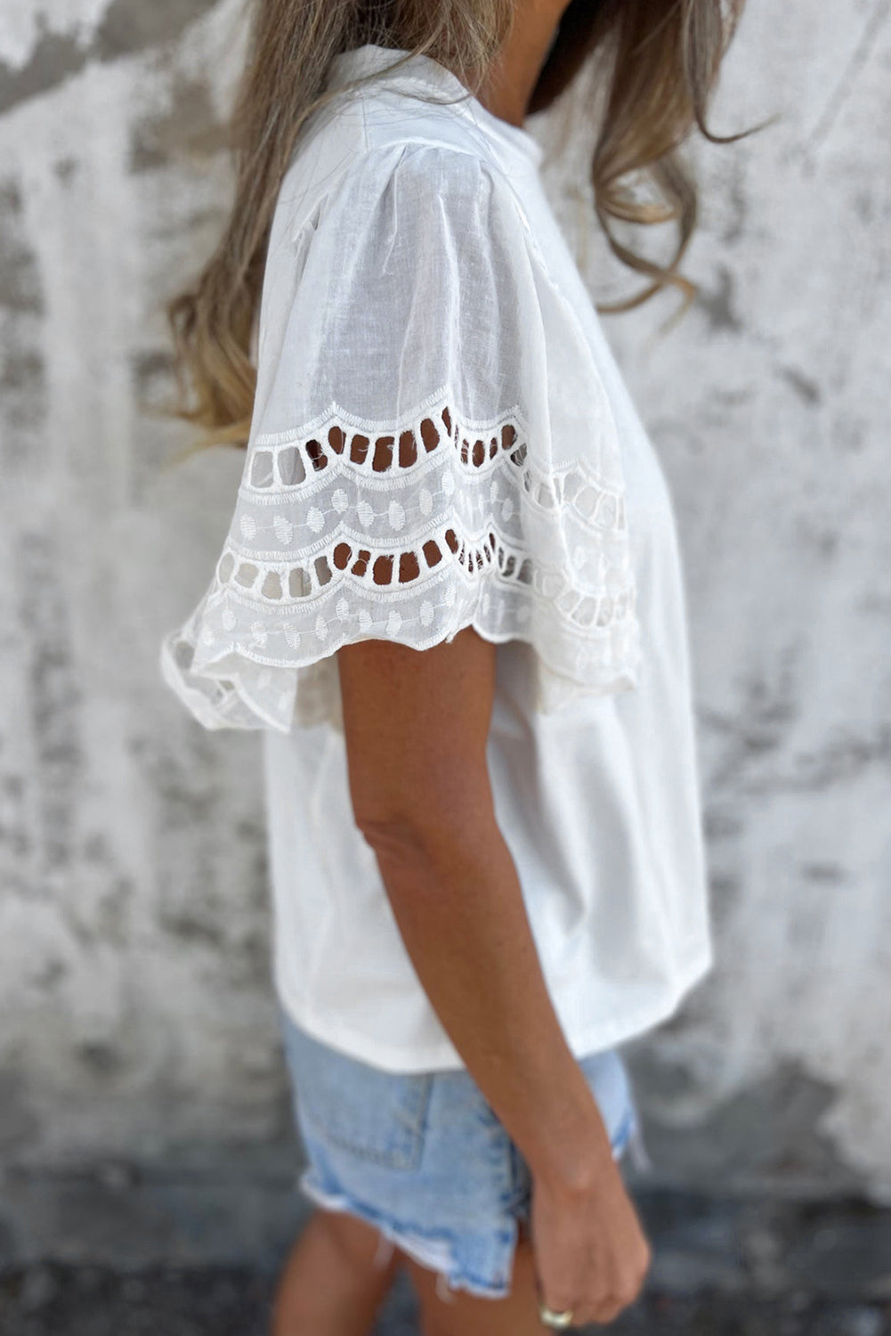 Hollow Out Embroidered Short Sleeve O Neck Top