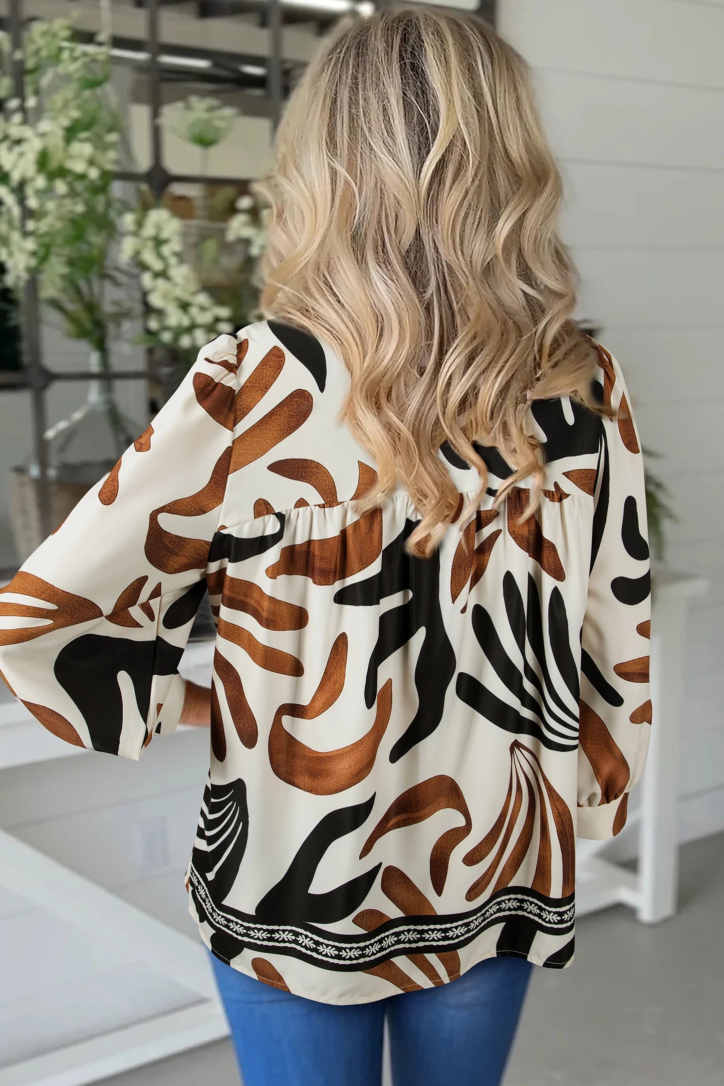 Print Puff Sleeve Loose Blouse