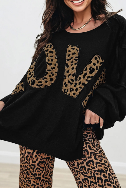 Oversize Leopard LOVE Patched Graphic Round Neck Casual Sweatshirt