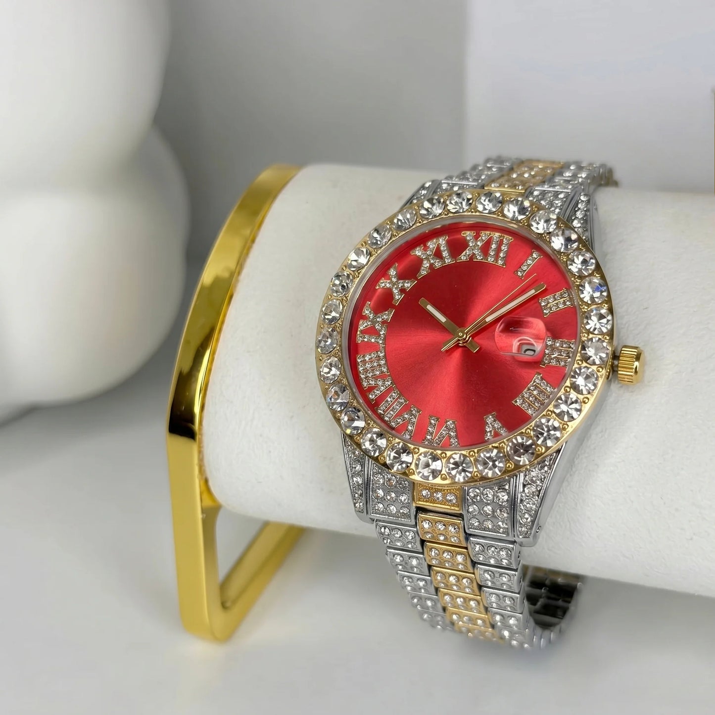 Rhinestone Red Gold Silver Band Watch