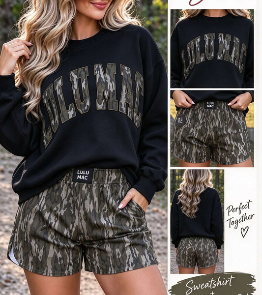 Women's Camo Letter Patch Pullover Sweatshirt & Matching Camouflage Athletic Shorts Set