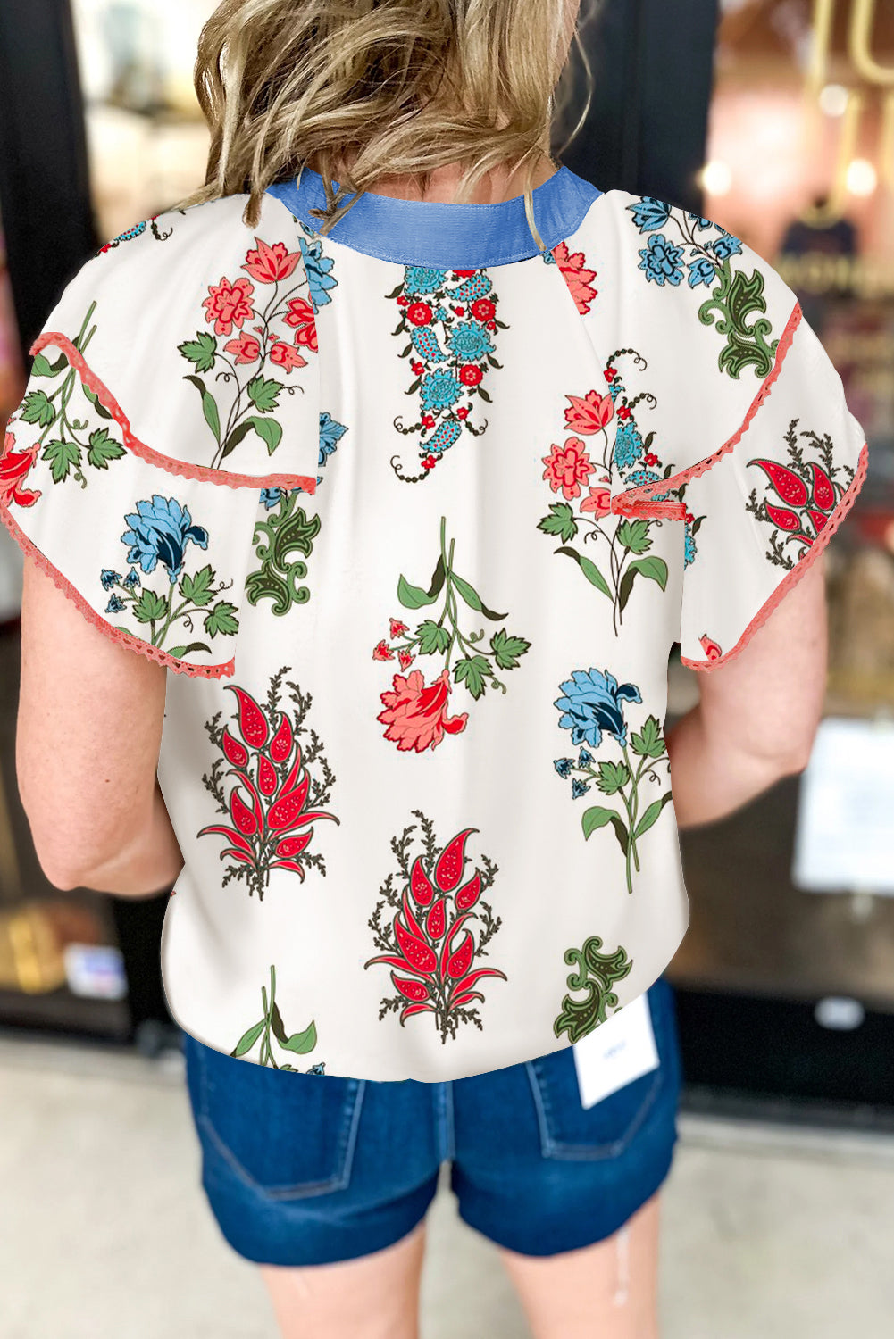 Floral Print Contrast V Neck Tassel Tie Lace Detail Short Sleeve Blouse