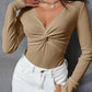 Textured Twist Front V Neck Long Sleeve Slim Solid Color Top
