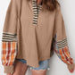 Beige Waffle Stripe Plaid Patchwork Henley Knit Top