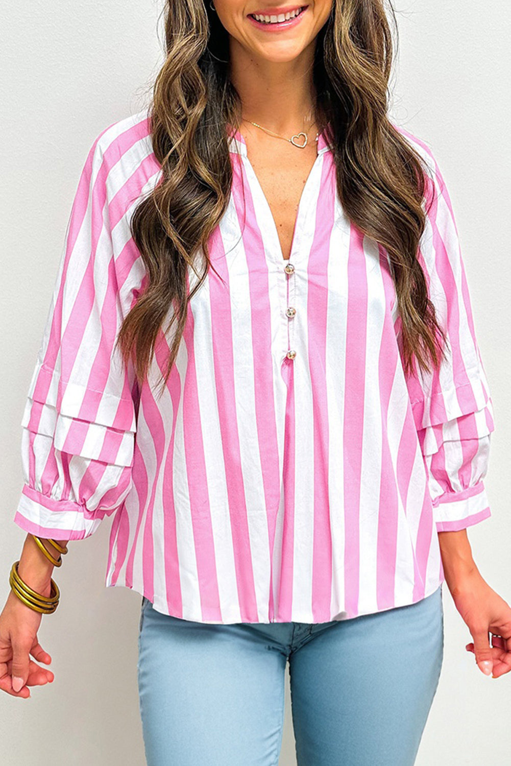 Split Neck Button Decor Front Puff Sleeve Blouse