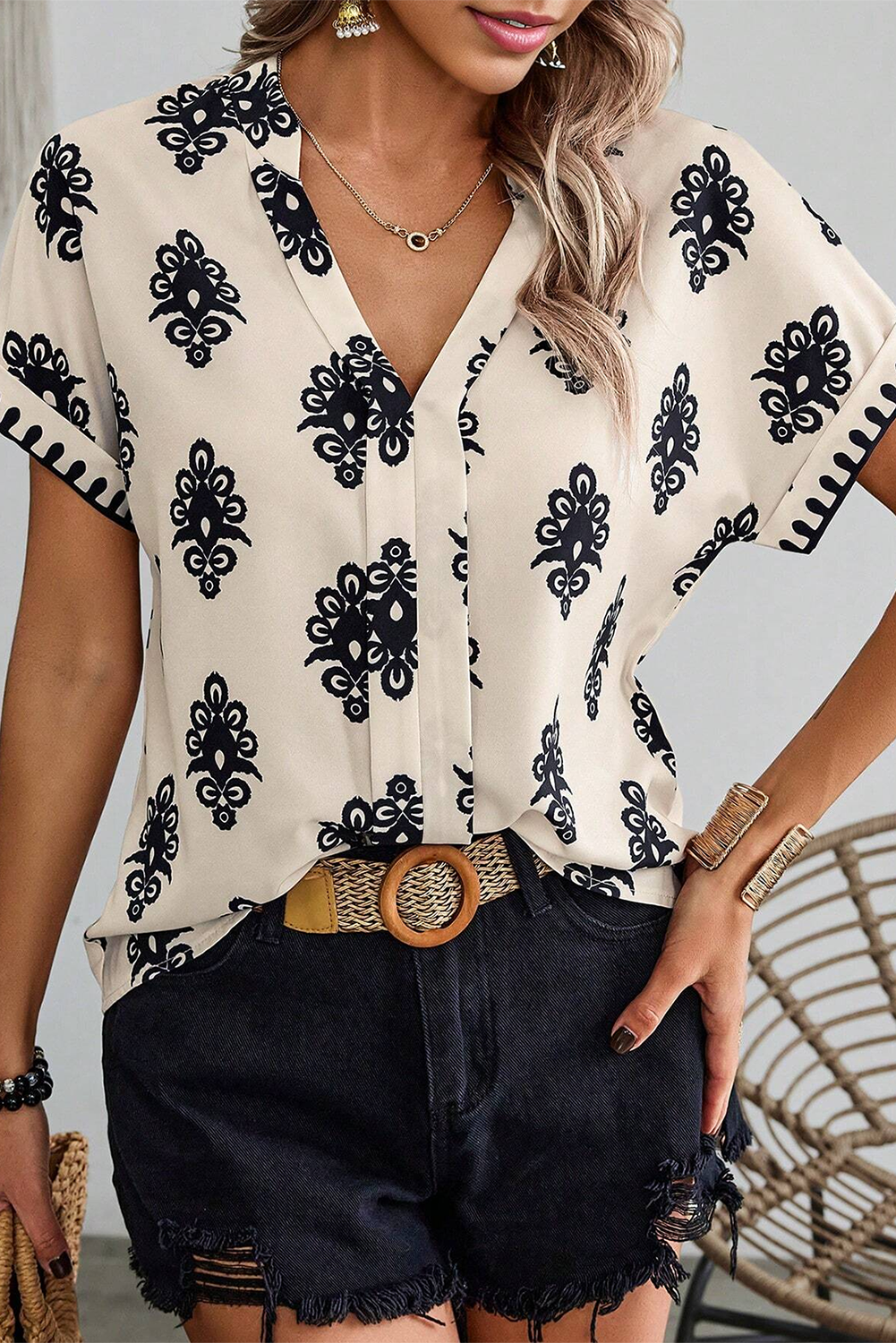 Geometric Print Short Sleeve V Neck Blouse