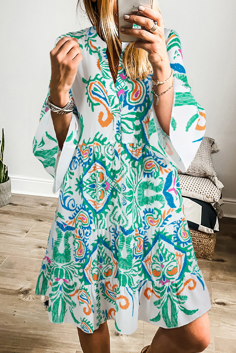 Tribal Print Bracelet Sleeve Buttoned Mini Dress