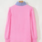 Button Striped Collar Patchwork Puff Sleeve Sweatshirt