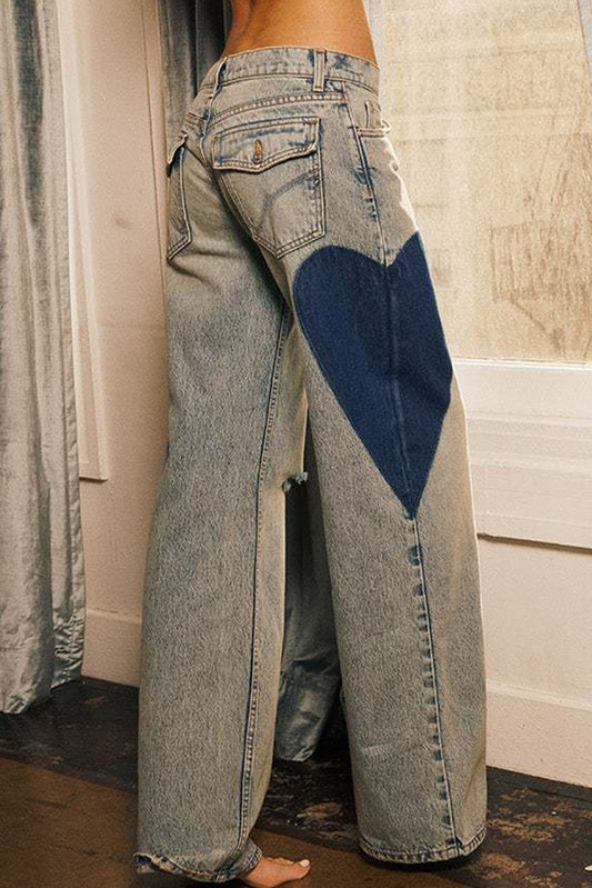 Vintage Washed Big Heart Accent Ripped Loose Jeans