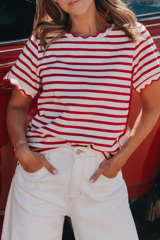 Scalloped Trim Round Neck T Shirt