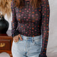 Floral Print Smocked Cuff Slim Fit Mesh Bodysuit