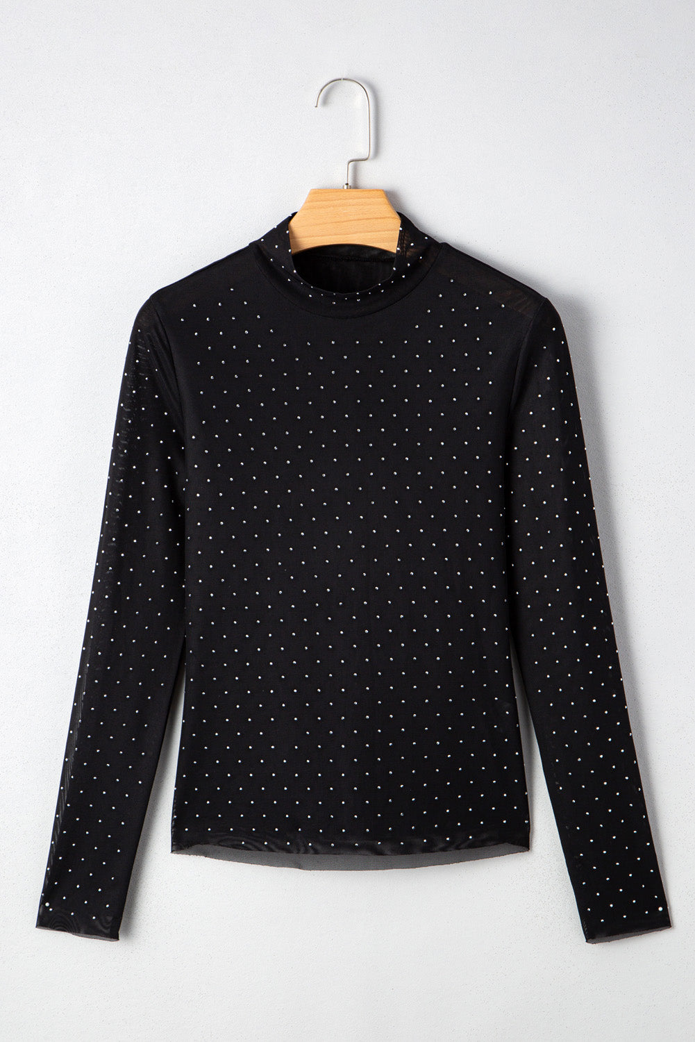 Rhinestone Embellished Mesh Long Sleeve Top