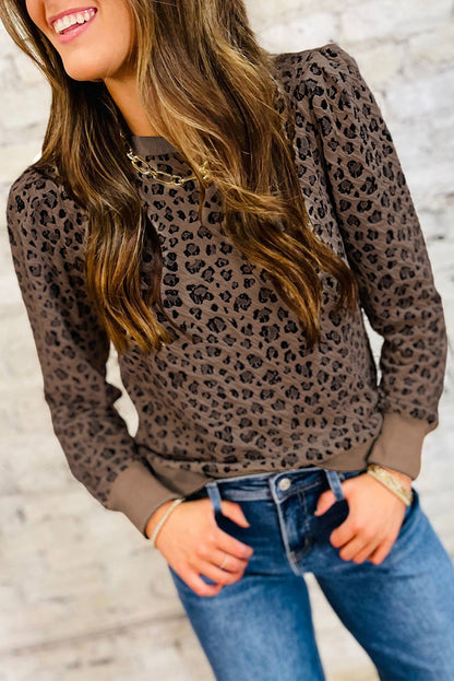Ribbed Trim Leopard Print Long Sleeve Top