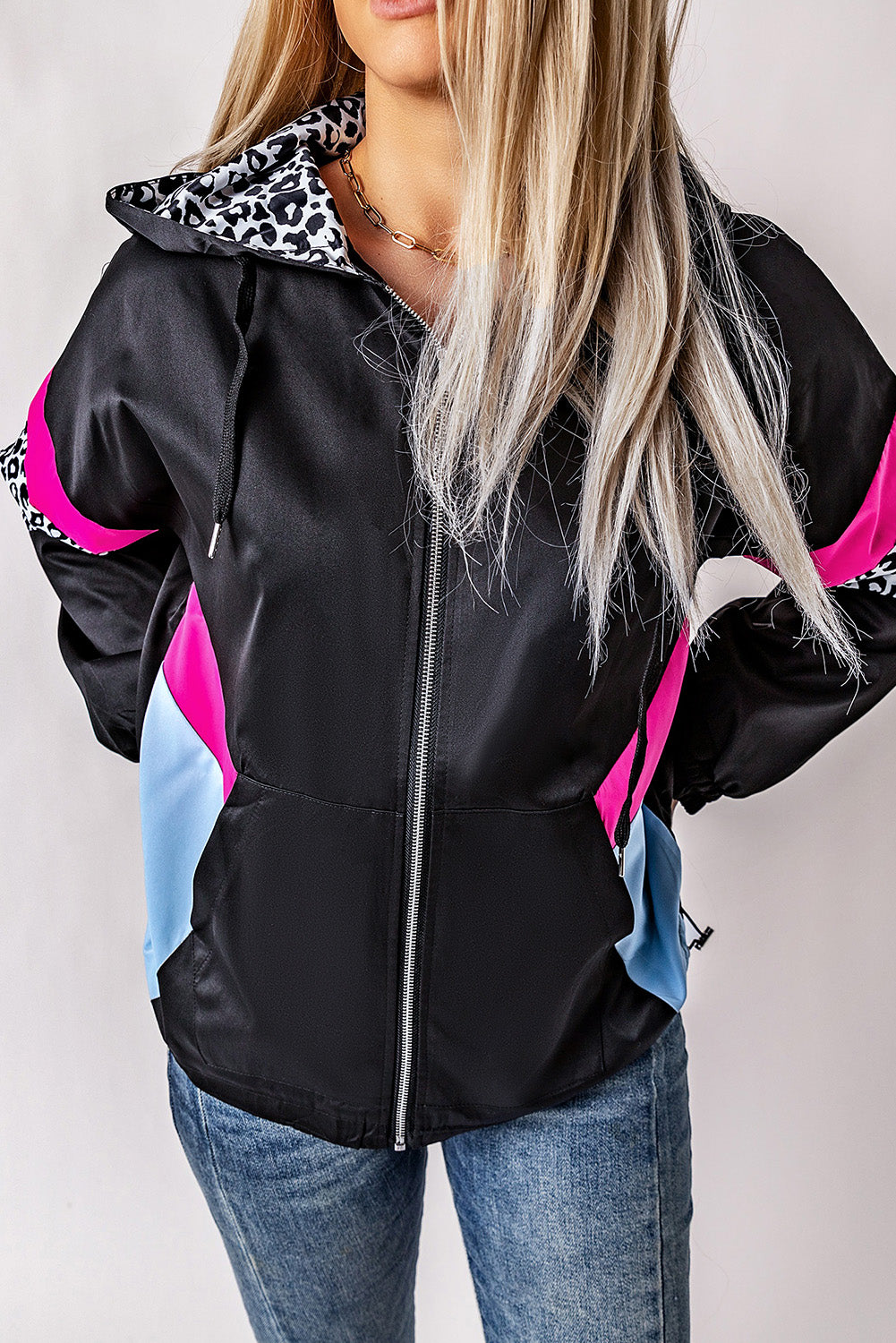 Leopard Color Block Pockets Zip-up Hooded Jacket