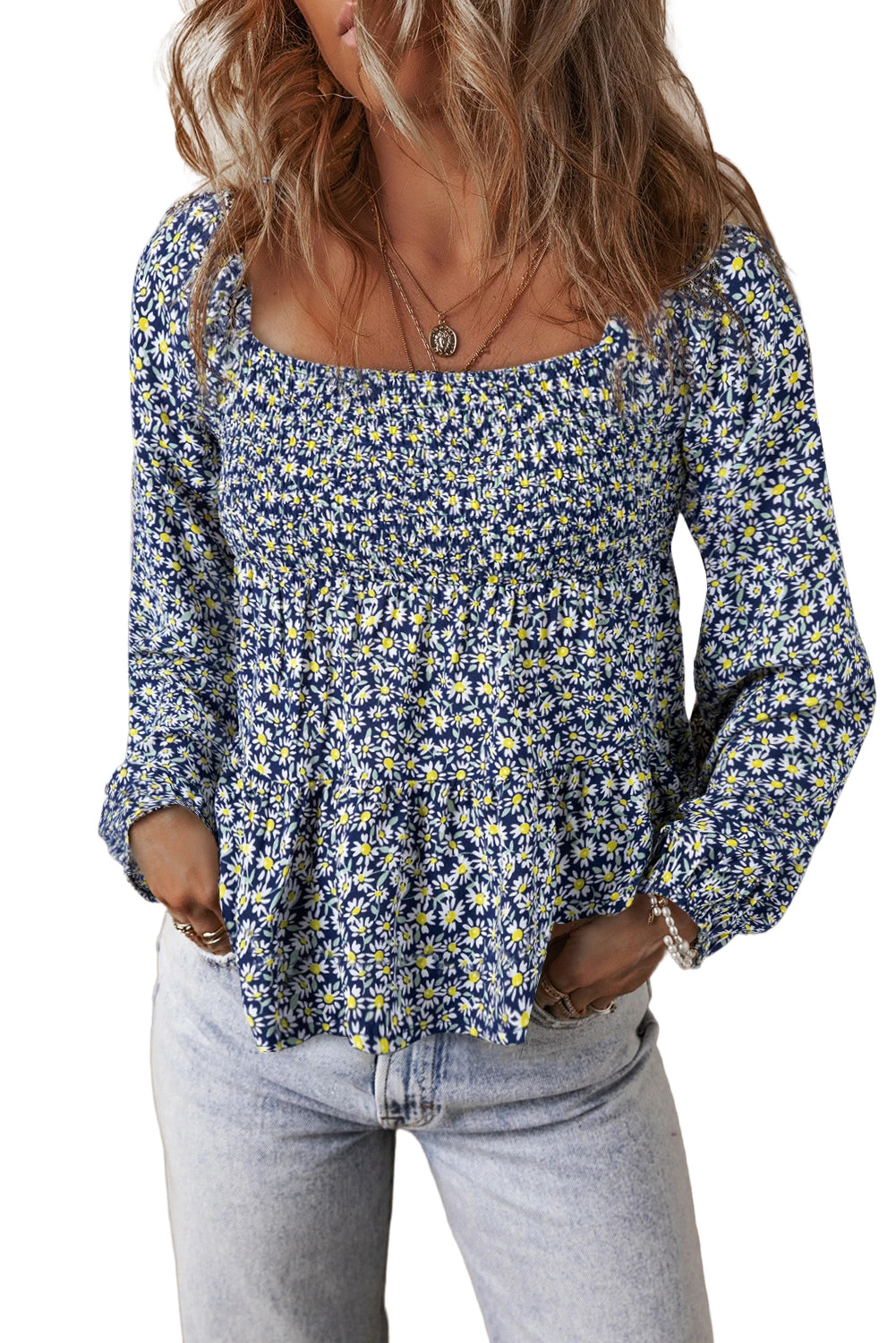 Boho Floral Print Smocked Square Neck Loose Fit Blouse