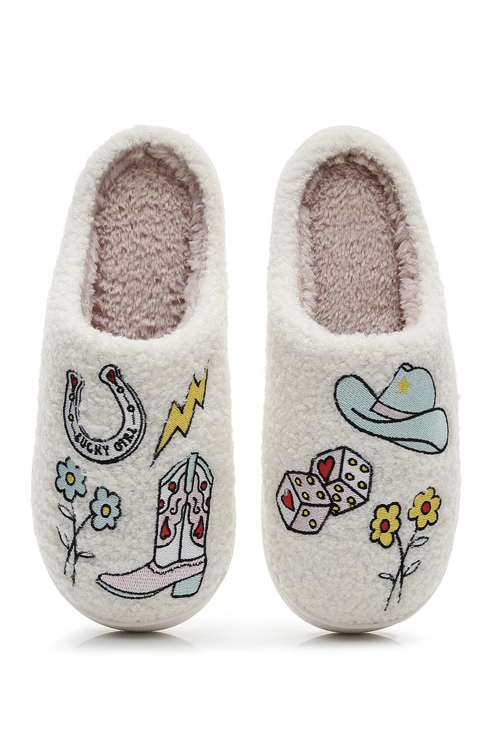 Embroidered Pattern Cowgirl Plush House Slippers