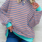 Striped Contrast Ribbed Trim Crossed Stitch Drop Shoulder Sweatshirt