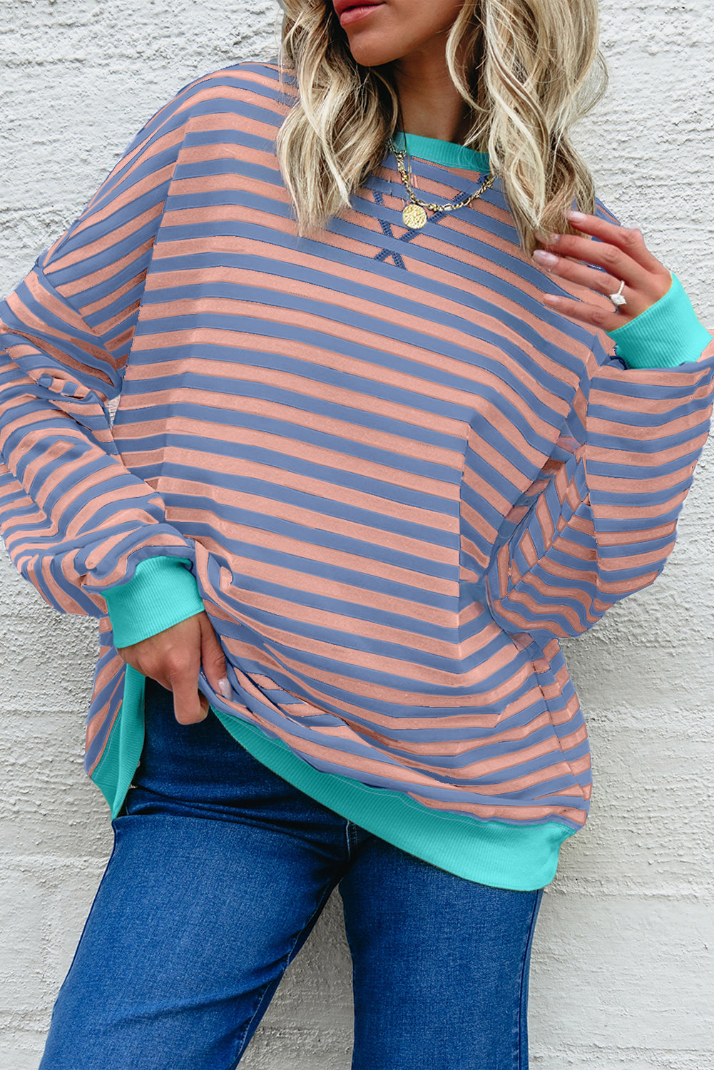 Striped Contrast Ribbed Trim Crossed Stitch Drop Shoulder Sweatshirt