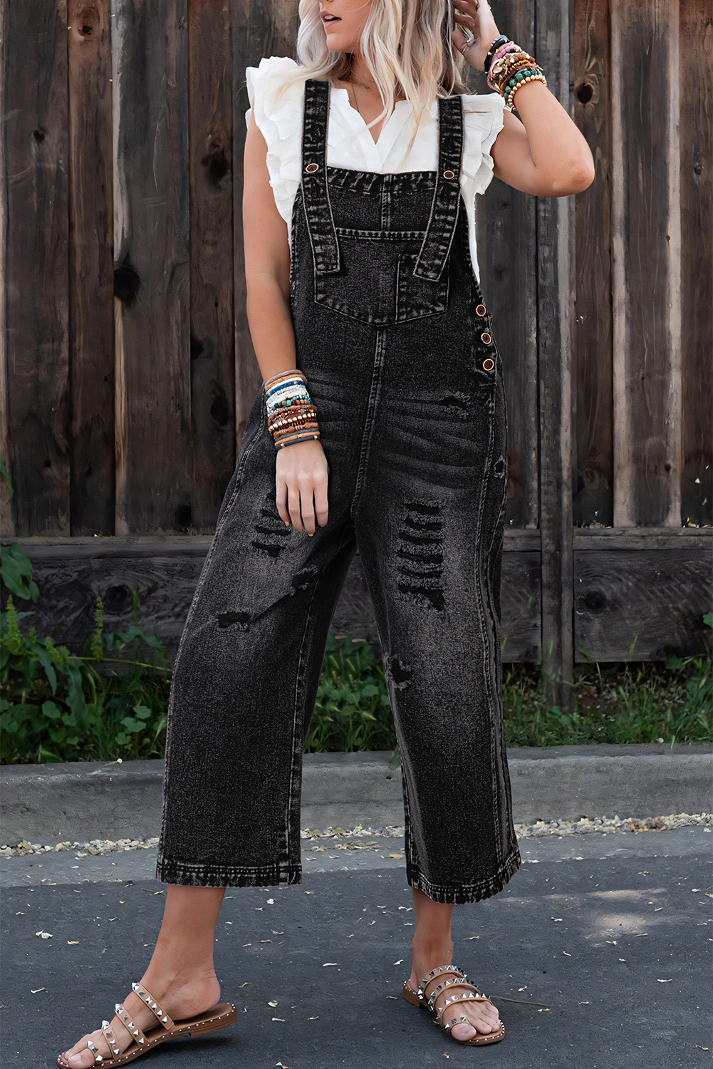 Distressed Pocket Wide Leg Denim Overall
