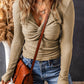 Textured Twist Front V Neck Long Sleeve Slim Solid Color Top