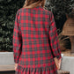 Plaid Shirt Collar Half Button Ruffle Hem Long Sleeve Mini Dress