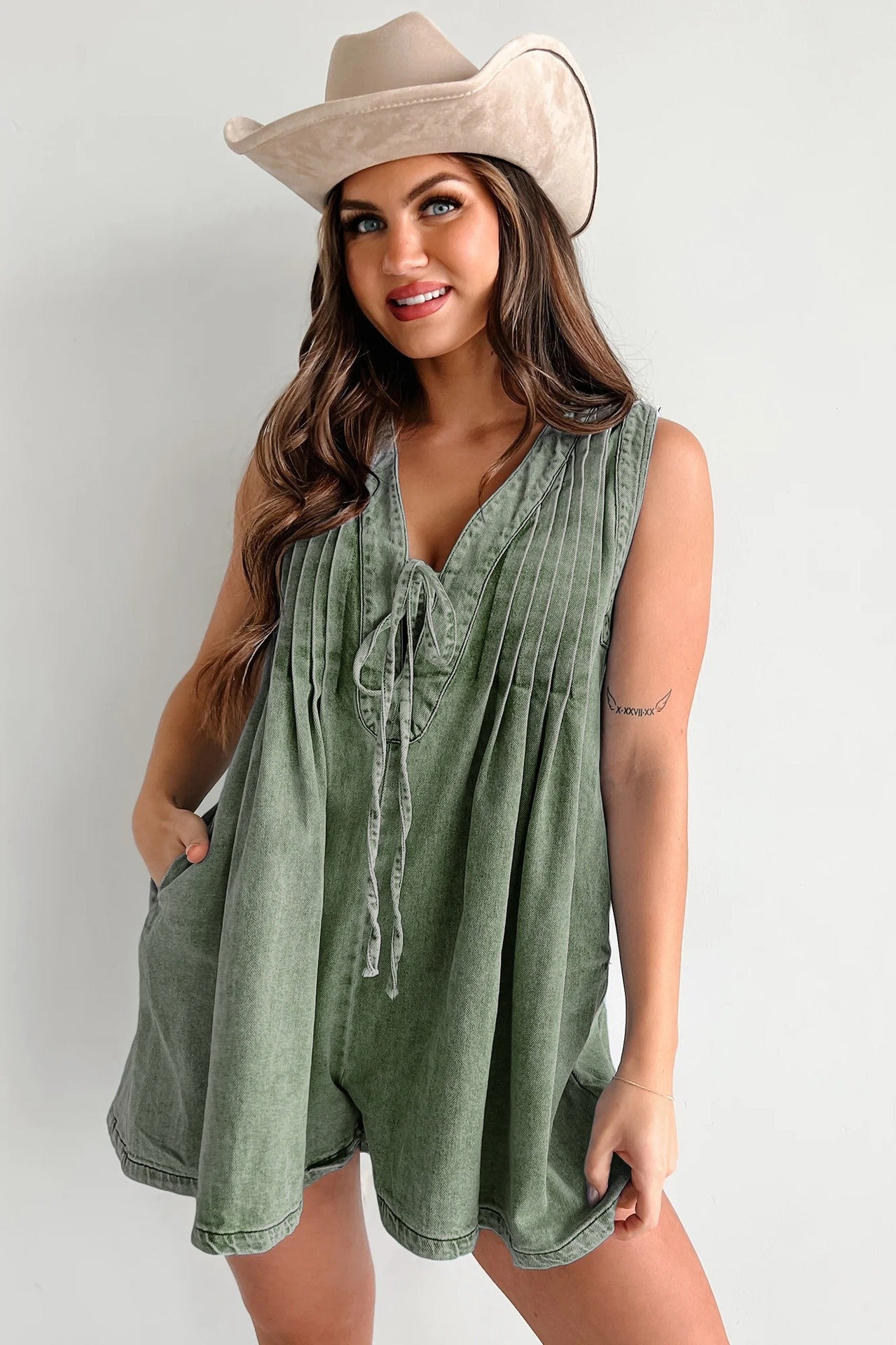 Washed Denim Pleated Romper