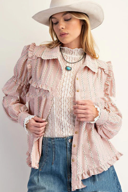Women's Ruffled Long-sleeved Striped Shirt Jacket