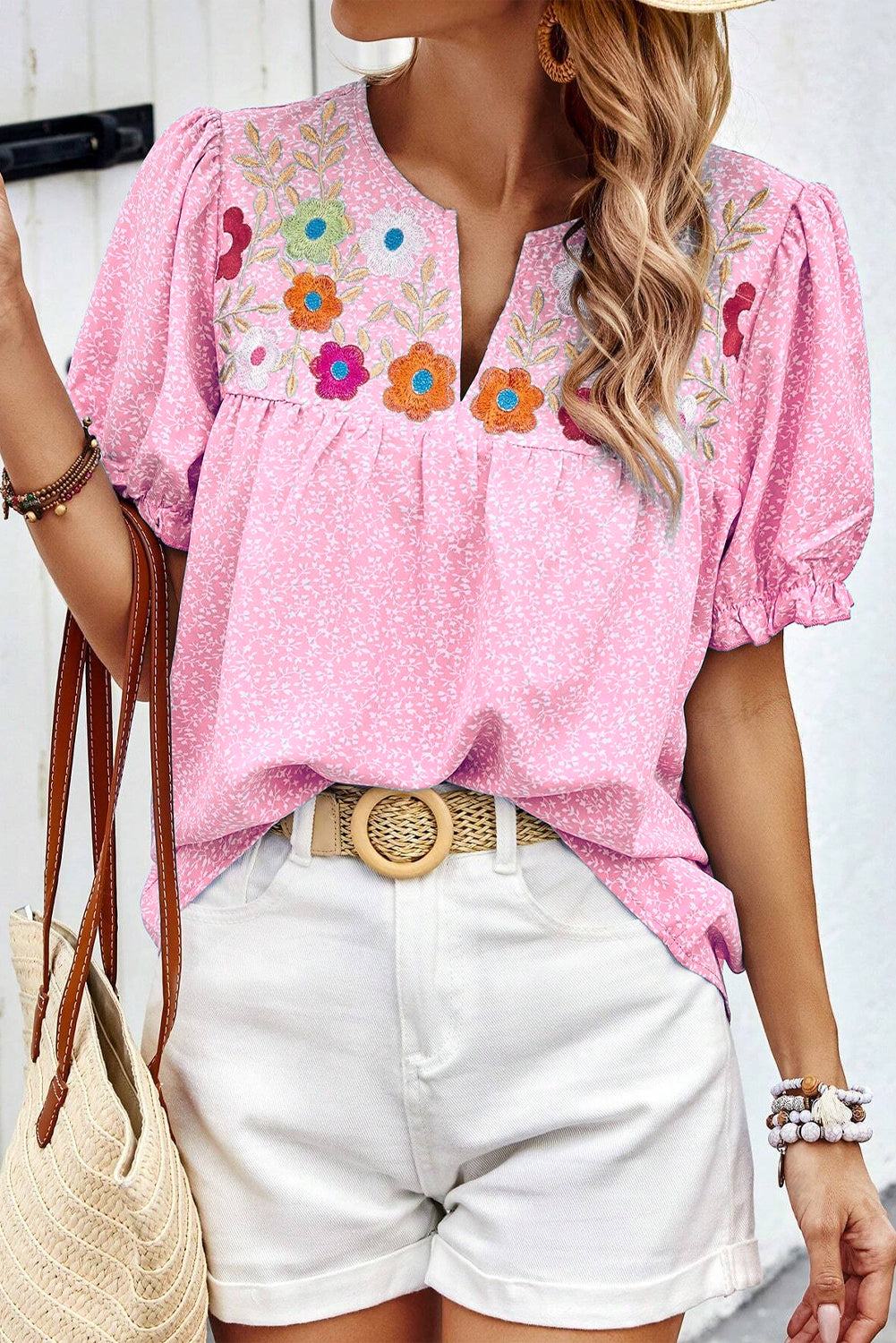 Floral Embroidered Puff Sleeve Notched V Neck Blouse